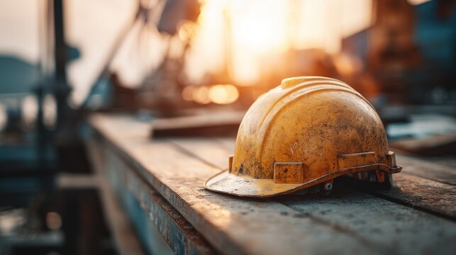 A yellow hard hat on a metal table with a blurred industrial background.