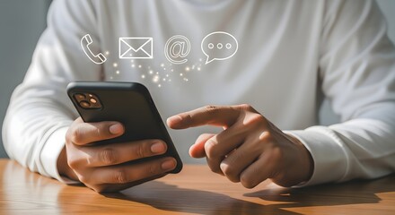 Person using smartphone for communication: phone, email, chat, contact us, customer service
