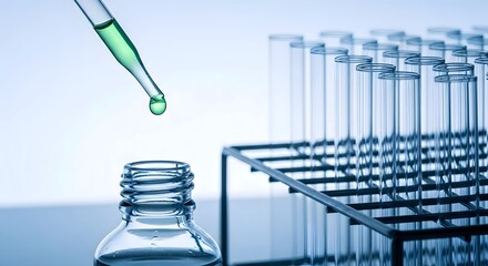 Science lab experiment: close up of dropper adding liquid to bottle with test tubes in background