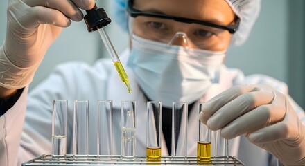 Scientist working on research in laboratory with test tubes and pipette for medical science