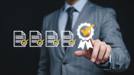 Hand pointing to quality assurance documents business compliance concept