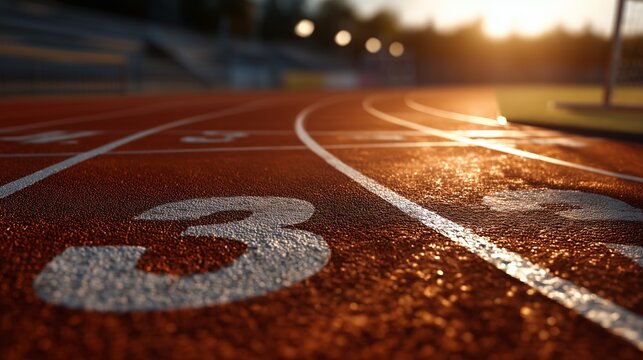 Numbered lanes on a wet running track at sunset