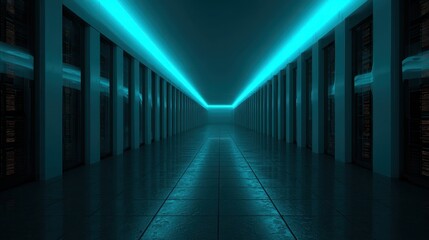 Blue lit server room hallway with digital data servers