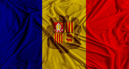 Andorran flag with fabric texture background. National flag of Andorra
