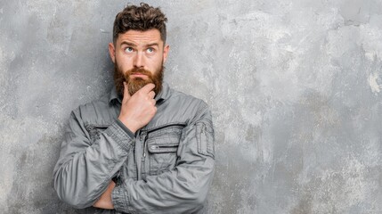 Confused Technician. Young Caucasian Man in Mechanic Uniform Against Grey Grunge Wall, Expressing Seriousness and Confusion