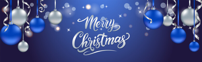 Christmas background horizontal long frame. Blue Christmas tree holiday banner in horizontal layout with central copy area. Vector EPS10