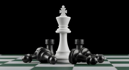 White king chess piece standing tall victorious over black pawns on chessboard strategy game