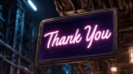 Neon thank you sign in futuristic urban setting with blue and purple lights