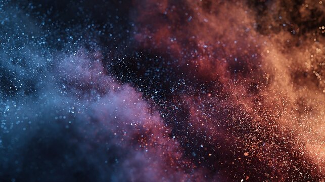 A colorful explosion of particles with blue and orange hues creating an abstract, ethereal effect