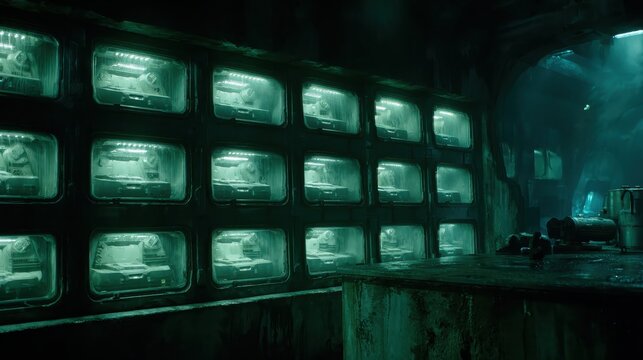 Chambers holding specimens lit with a eerie green light