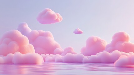 Obraz premium 3D rendering of fluffy pink clouds above a watery surface