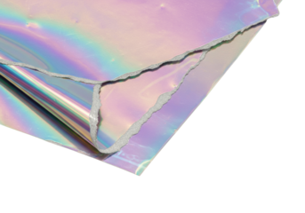 Intricately folded, torn iridescent holographic foil with glossy opalescent sheen, pastel gradient colors, luminous reflections, isolated on transparent, macro photography, abstract light interaction