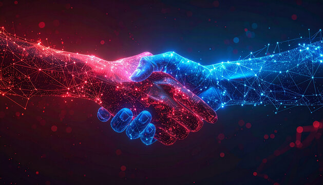 Conceptual digital rendering of two hands shaking, composed of red and blue glowing network connections, symbolizing partnership and technology
