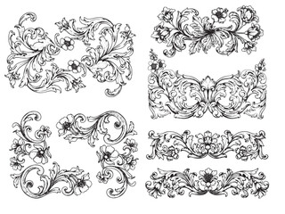 set of decorative elements for design engraved engraving vintage style