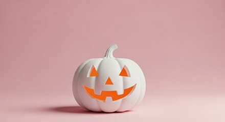 Spooky white halloween jack o lantern with orange glow on pink background