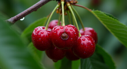 Close-up view of ripe, red cherries with water droplets hanging from a branch.