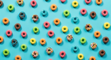 Colorful cereal loops scattered on a bright blue background