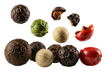 Extreme macro of diverse black, green, white, and red peppercorns, some cracked open, on transparent background with soft shadow. Dynamic low-angle chiaroscuro lighting, raw natural intensity concept