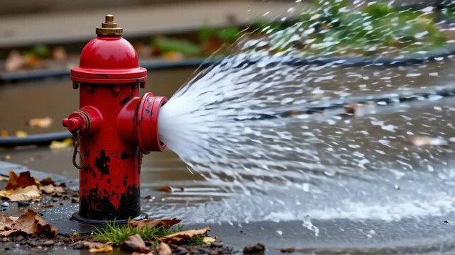 Exploding Fire Hydrant: A vibrant red fire hydrant gushes water with intense pressure, creating a dynamic display of force.