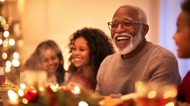A grandfather's joy shines during a festive family holiday dinner a warm cinematic scene of love and legacy perfect for videos about Christmas and togetherness.
