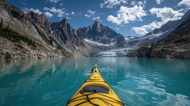 First-Person View of a Yellow Kayak on a Turquoise Glacial Lake Approaching Majestic Icy Mountains.