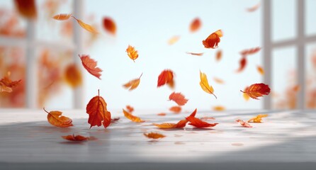 Vibrant autumn leaves in red and orange gracefully dance through the air against a soft, blurred backdrop. A whimsical scene captures the essence of fall on a sunny day.