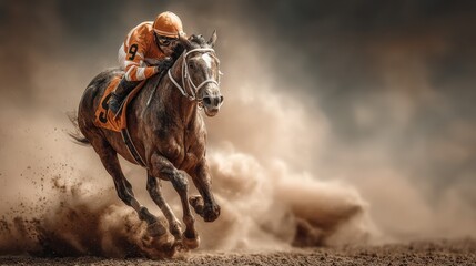 Jockey guides powerful horse through dusty racetrack during thrilling race in early afternoon light