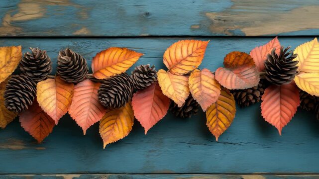 A rustic autumn garland with vibrant leaves and pinecones on a blue wood background representing the cozy harvest season perfect for Thanksgiving and fall decorations.