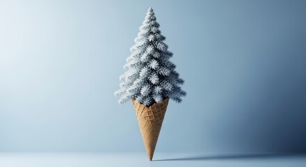 Winter christmas tree ice cream cone with snow