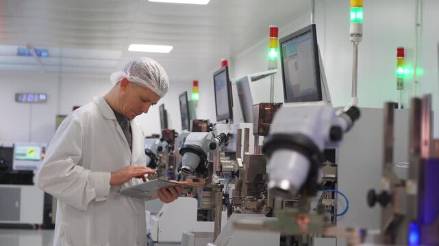 Semiconductor chip manufacturing for microelectronics. Employee with tablet analyzes production data from modern equipment for printing microchips and circuit boards. Workflow at electronics factory.