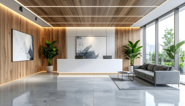 Modern office reception area with a white desk, plants, and artwork, featuring wood paneling.