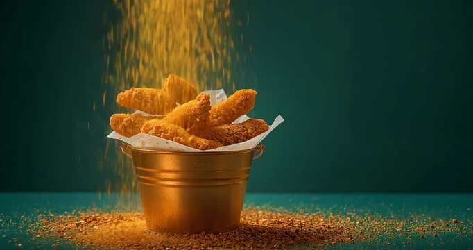 Crispy fried chicken tenders in golden bucket