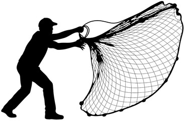 Fisherman Silhouette Throwing Cast Net   Fishing Vector Clipart © sasmitadanyl