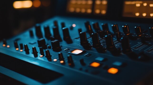 A close up view of a digital audio mixer's controls
