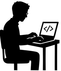 Programmer Coding on Laptop Silhouette Vector | Developer Illustration