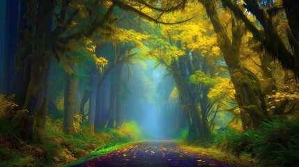 Misty Autumn Forest Path with Moss-Covered Trees and Yellow Foliage Natural Landscape