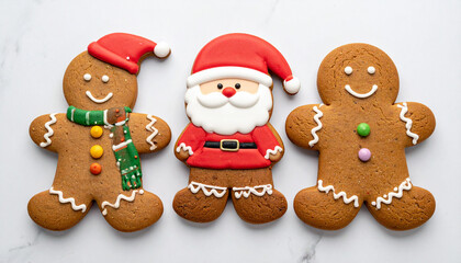 Fototapeta premium Festive arrangement of gingerbread cookies and Santa Claus figurine on light surface, evoking warm holiday cheer and celebration 