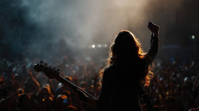 Female Performer with Microphone and Guitar on Stage - Powered by Adobe