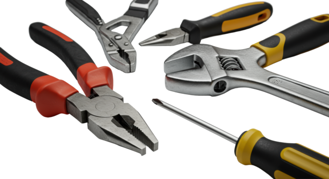 Extreme macro of professional hand tools: adjustable wrench, pliers, screwdrivers. Metallic, textured handles, clean transparent background, concept of industrial quality