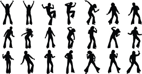 Dance silhouette illustration, black vector figures, disco style poses, expressive movement, flared pants, rhythm gesture, minimal design, white background, party vibe