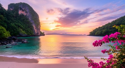 A Serene Beach with Limestone Cliffs, Pink Bougainvillea, and Shimmering Water Reflecting a Pastel Sky in Thailand's Andaman Sea.