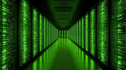 A data center hallway with server racks glowing green