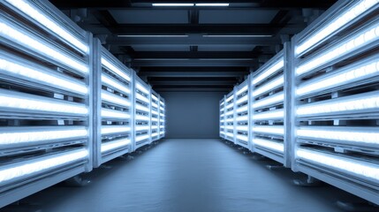 A data center interior with rows of servers illuminated by blue light