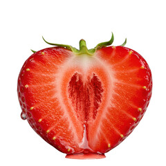 A vibrant red strawberry, dramatically split open, revealing its juicy, porous, ruby-red interior with dewy moisture and pale seeds, isolated on transparent, macro close-up, temptation concept