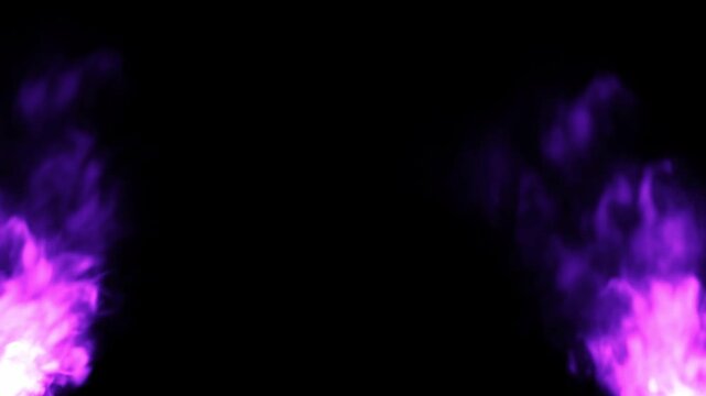 Lodernde violette Flammen vor schwarzem Hintergrund &ndash; intensive Feueranimation f&uuml;r Energie, W&auml;rme, Leidenschaft, Gefahr, Dynamik und dramatische visuelle Effekte, Kamin, Brand, Feuerwehr, brennen
