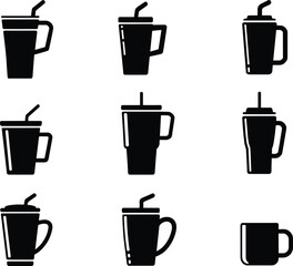 Drinkware icon set, mug with straw, handle design variation, black vector, beverage container, minimal style, white background, cup silhouette