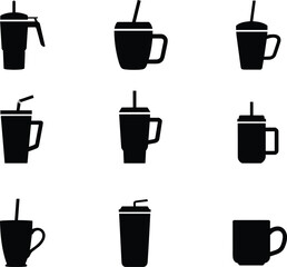 Drinkware silhouette, mug and tumbler icon, black vector, lid and straw design, beverage container, white background, coffee cup, minimal style
