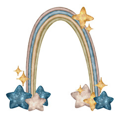 Obraz premium Watercolor composition of a pastel rainbow decorated with blue and golden stars in cute cartoon style. for nursery decor, baby shower, textiles, wallpapers, posters, packaging and bedtime themes.