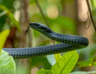 Fototapeta premium Close Up of a Blue-Gray Snake in Lush Foliage.