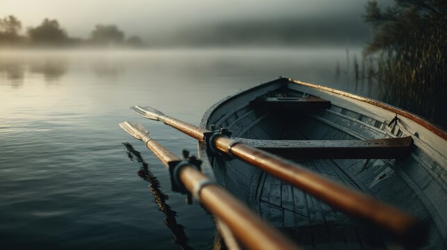 Peaceful Solitude - A Lone Rowboat on a Calm, Misty Morning Lake.